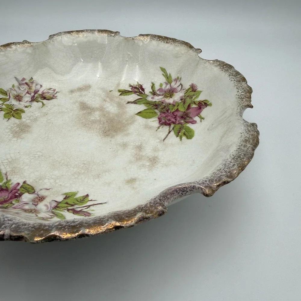 Vintage Dresden China‎ Thistle Floral Transferware Serving Bowl Dish Stain Decor